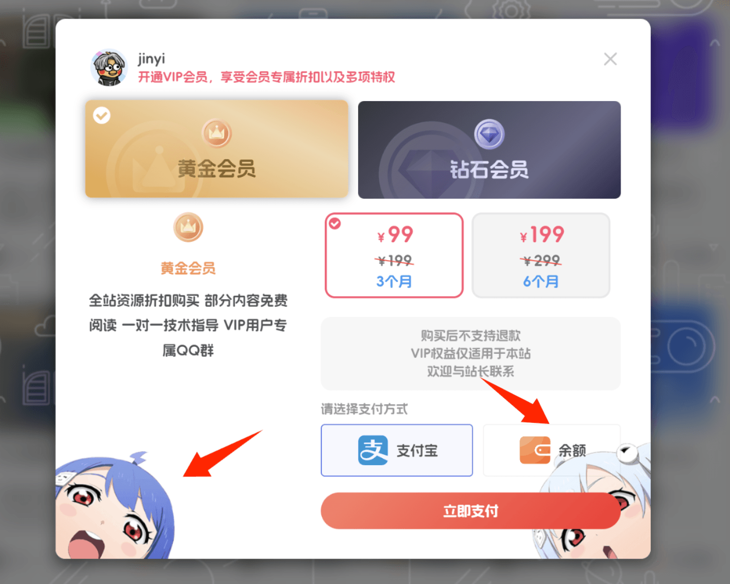 子比主题 – 会员购买弹窗增加背景-Adele